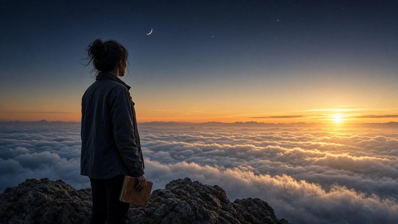 A young woman on a mountaintop at dawn, a notebook in her hand, looking over a sea of clouds toward the horizon